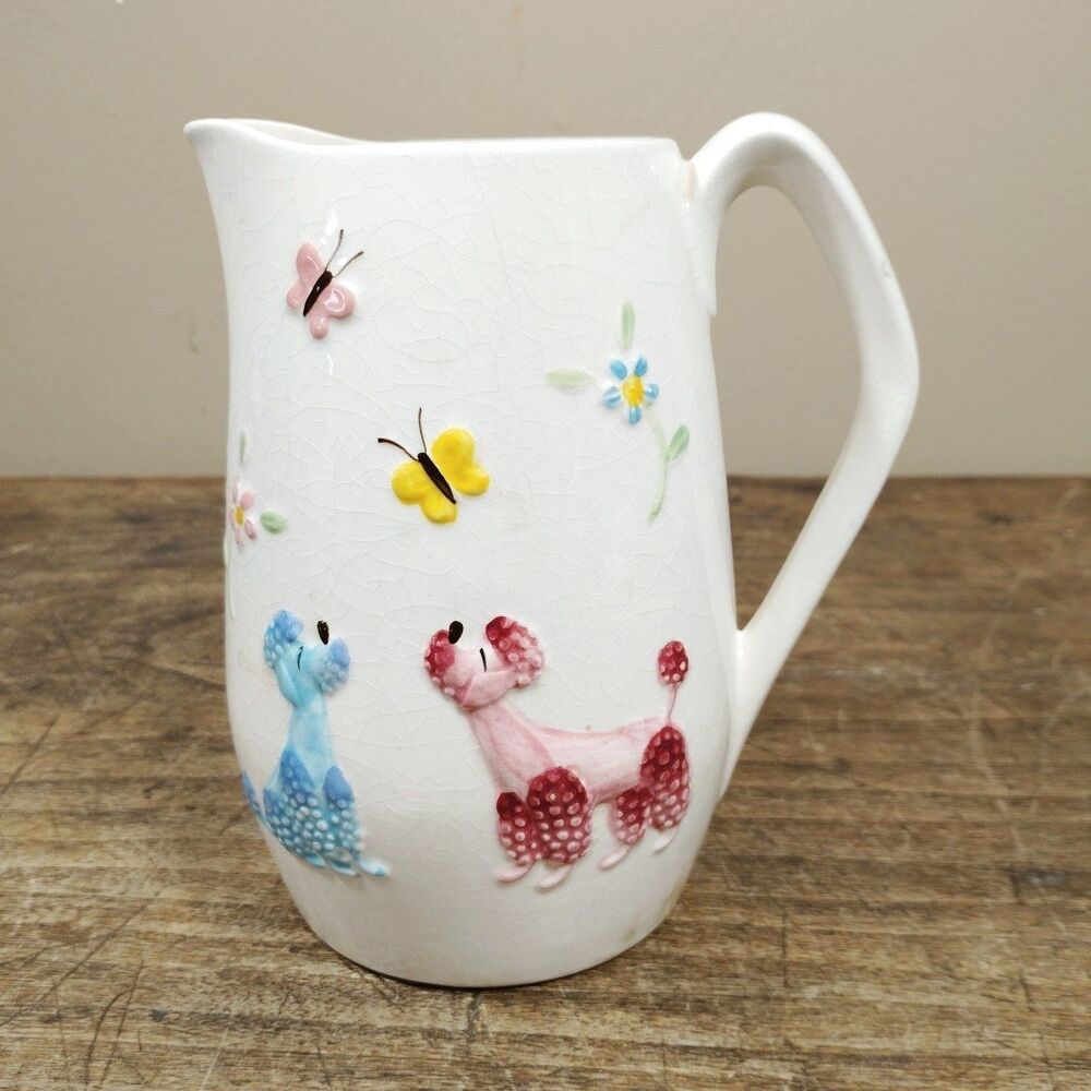 Vintage Enesco Japan Poodle and Butterfly Pitcher Crazing